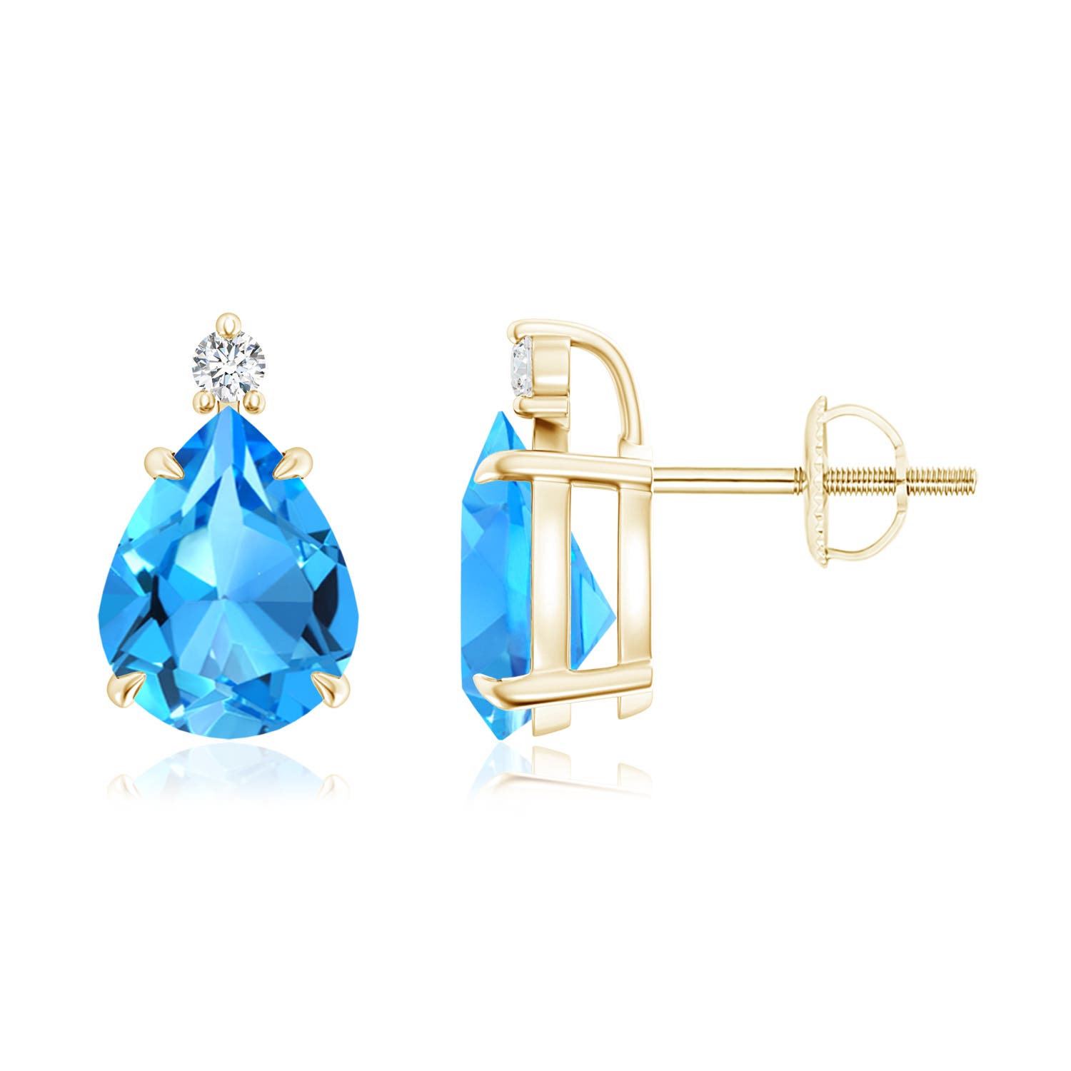 9x7mm AAAA Classic Claw-Set Pear Swiss Blue Topaz Stud Earrings in 18K Yellow Gold