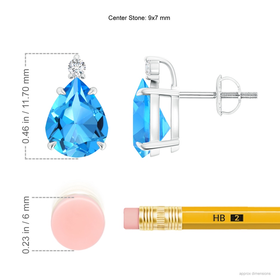9x7mm AAAA Classic Claw-Set Pear Swiss Blue Topaz Stud Earrings in P950 Platinum ruler