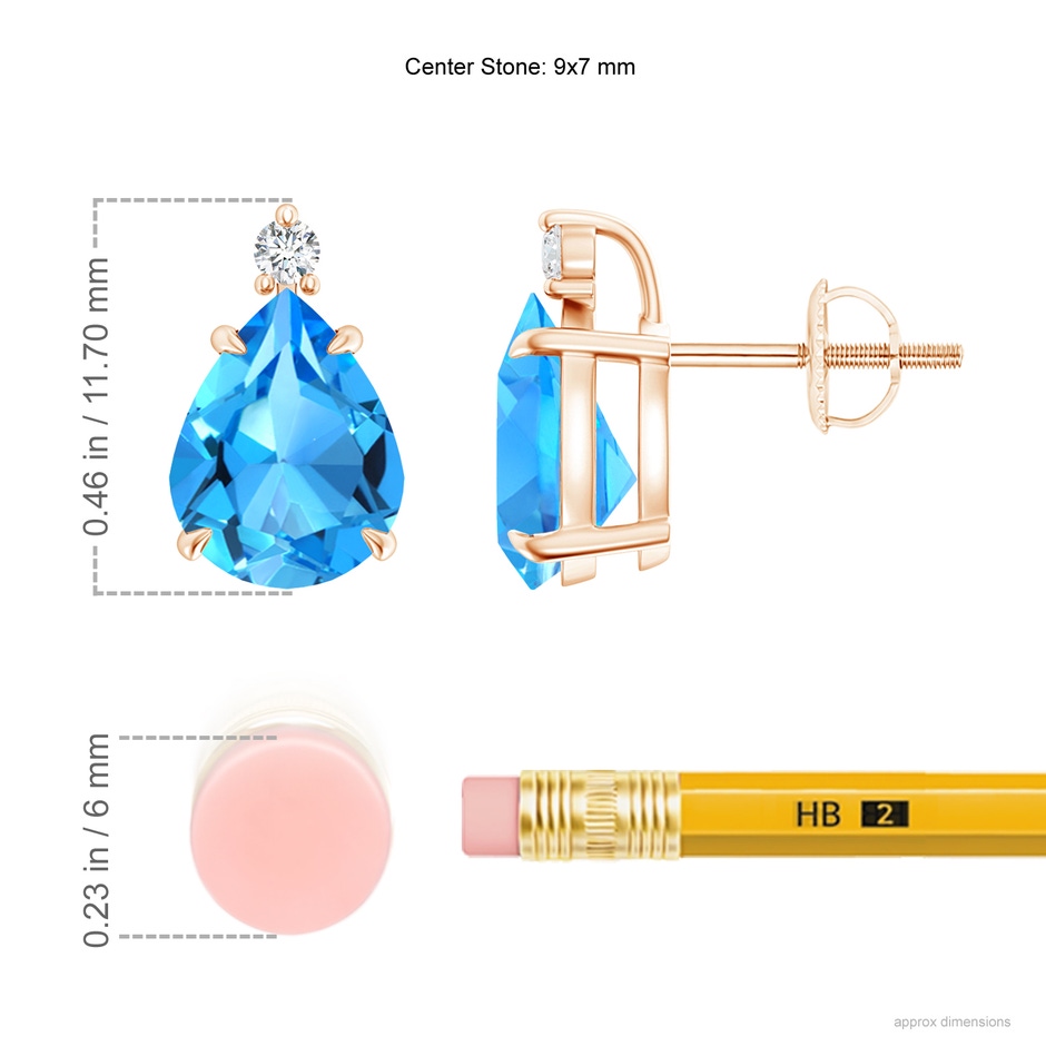 9x7mm AAAA Classic Claw-Set Pear Swiss Blue Topaz Stud Earrings in Rose Gold ruler