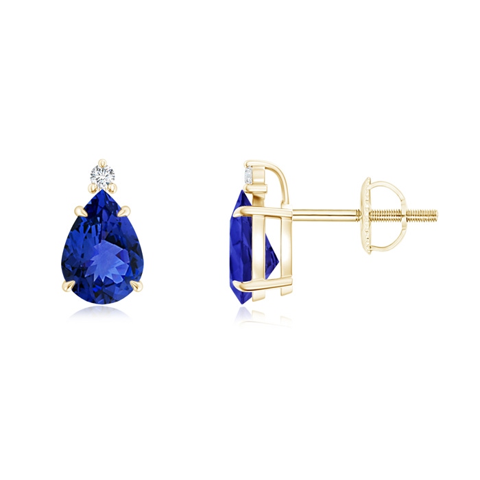 7x5mm AAA Classic Claw-Set Pear Tanzanite Solitaire Stud Earrings in Yellow Gold