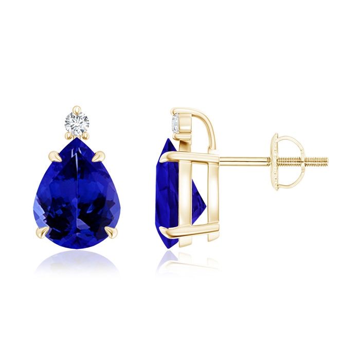 9x7mm AAAA Classic Claw-Set Pear Tanzanite Solitaire Stud Earrings in Yellow Gold 