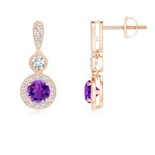 4mm AAA Milgrain-Edged Amethyst and Diamond Halo Dangle Earrings in Rose Gold