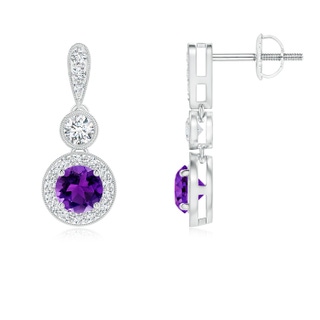 4mm AAAA Milgrain-Edged Amethyst and Diamond Halo Dangle Earrings in White Gold