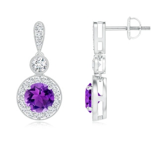 5mm AAA Milgrain-Edged Amethyst and Diamond Halo Dangle Earrings in White Gold