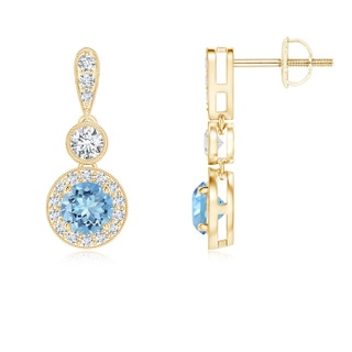 4mm AAAA Milgrain-Edged Aquamarine and Diamond Halo Dangle Earrings in Yellow Gold