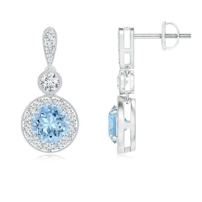 5mm AAA Milgrain-Edged Aquamarine and Diamond Halo Dangle Earrings in White Gold