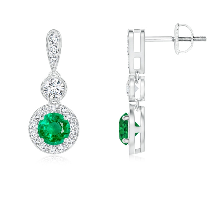4mm AAA Milgrain-Edged Emerald and Diamond Halo Dangle Earrings in White Gold