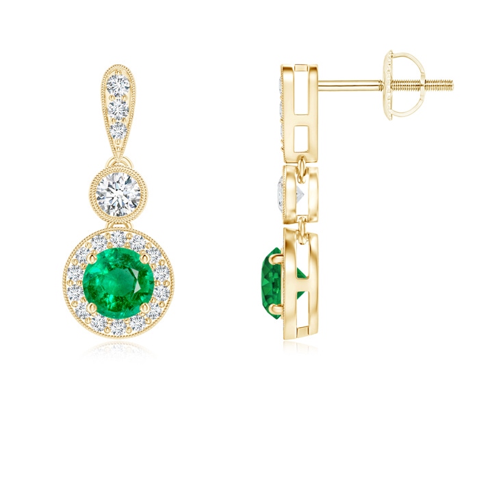 4mm AAA Milgrain-Edged Emerald and Diamond Halo Dangle Earrings in Yellow Gold 