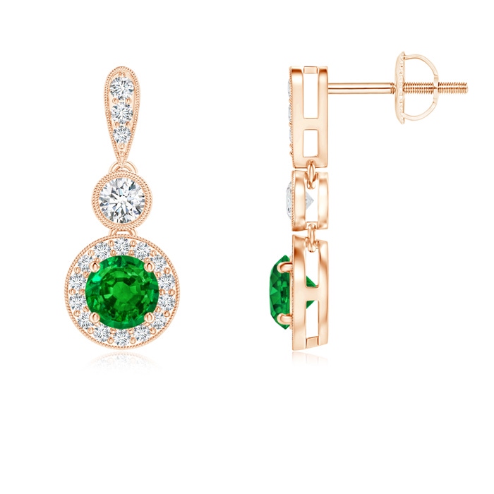 4mm AAAA Milgrain-Edged Emerald and Diamond Halo Dangle Earrings in Rose Gold
