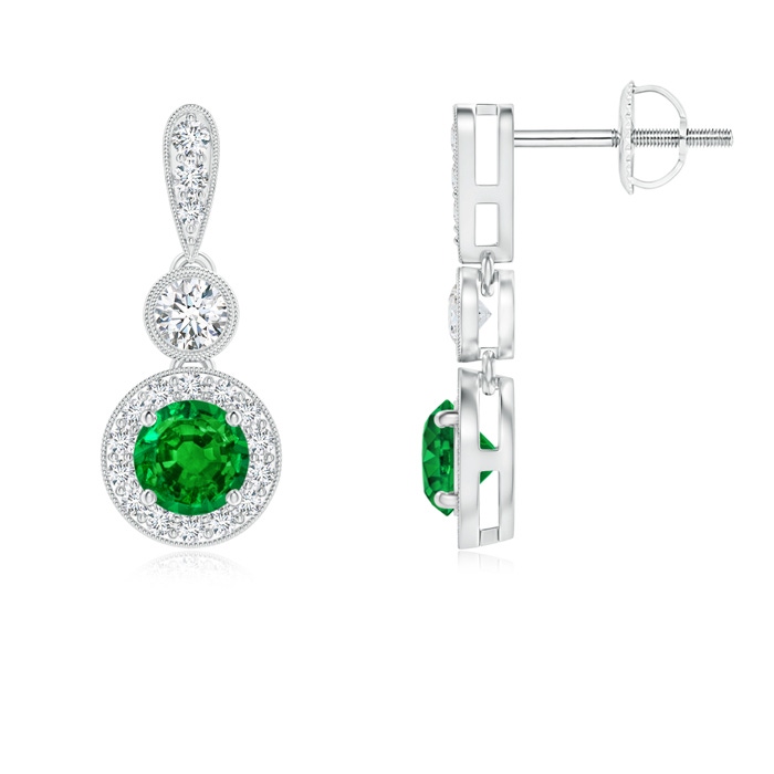 4mm AAAA Milgrain-Edged Emerald and Diamond Halo Dangle Earrings in White Gold 