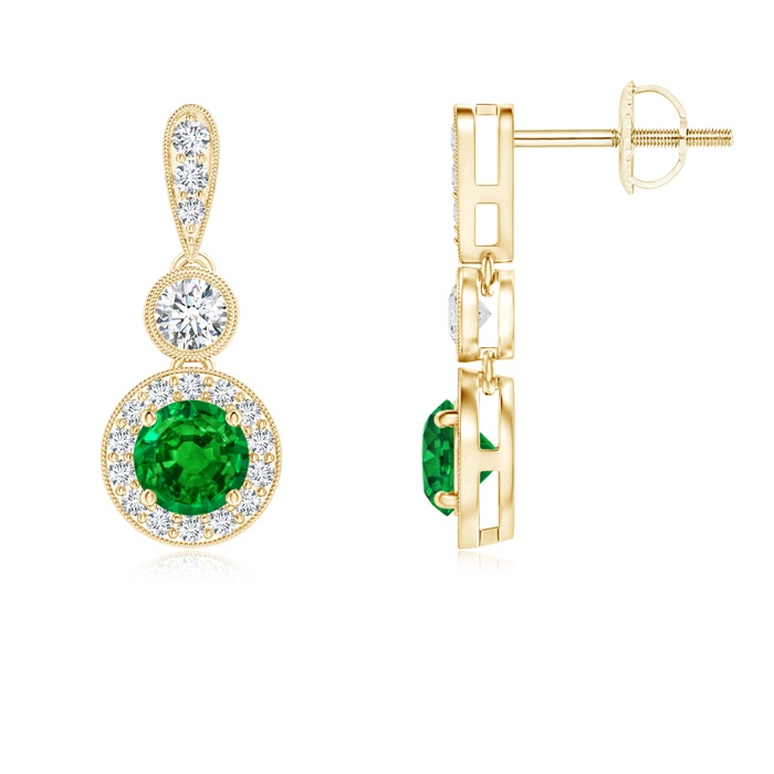 4mm AAAA Milgrain-Edged Emerald and Diamond Halo Dangle Earrings in Yellow Gold 