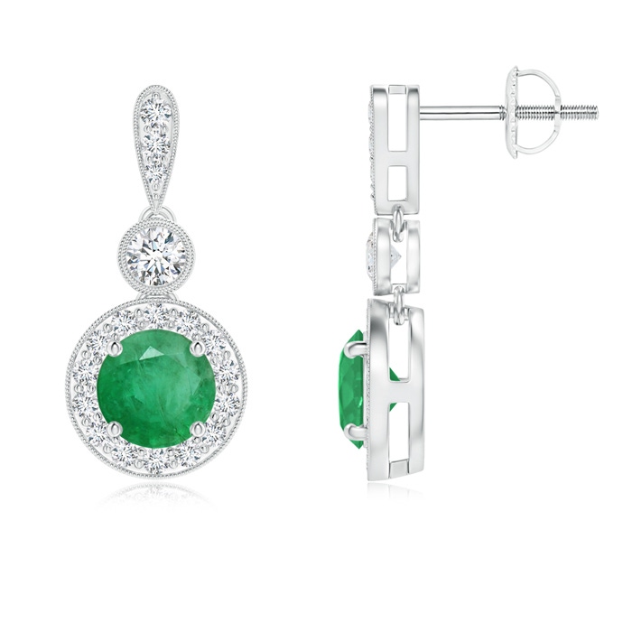 5mm A Milgrain-Edged Emerald and Diamond Halo Dangle Earrings in White Gold 