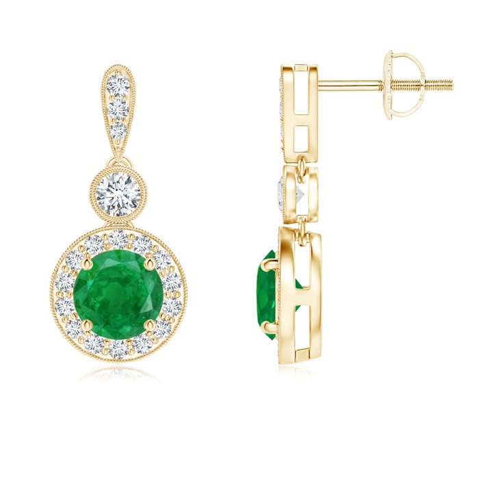 5mm AA Milgrain-Edged Emerald and Diamond Halo Dangle Earrings in Yellow Gold 