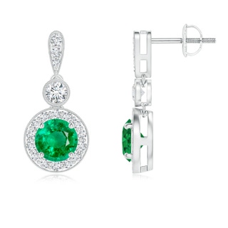 5mm AAA Milgrain-Edged Emerald and Diamond Halo Dangle Earrings in White Gold