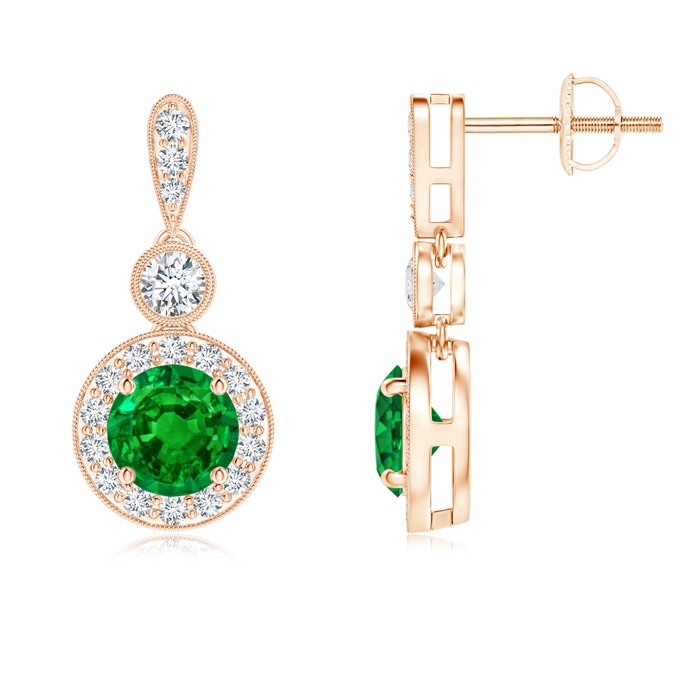 5mm AAAA Milgrain-Edged Emerald and Diamond Halo Dangle Earrings in Rose Gold 