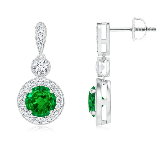 5mm AAAA Milgrain-Edged Emerald and Diamond Halo Dangle Earrings in White Gold 