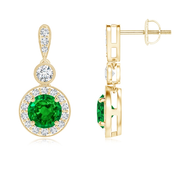 5mm AAAA Milgrain-Edged Emerald and Diamond Halo Dangle Earrings in Yellow Gold 