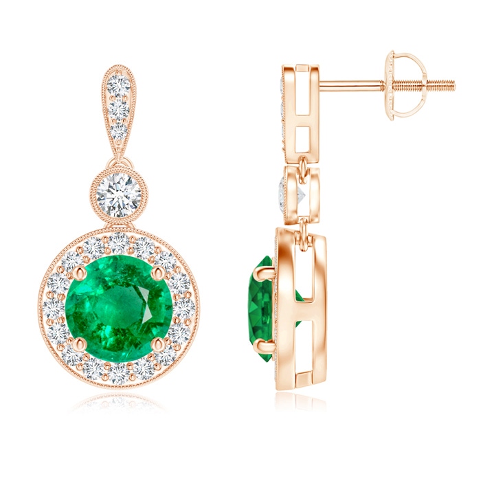 6mm AAA Milgrain-Edged Emerald and Diamond Halo Dangle Earrings in Rose Gold 