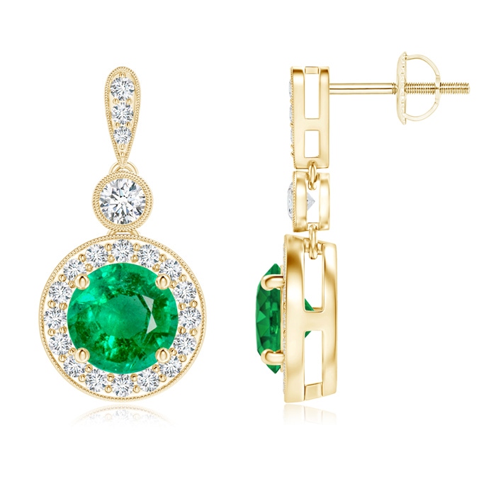 6mm AAA Milgrain-Edged Emerald and Diamond Halo Dangle Earrings in Yellow Gold 
