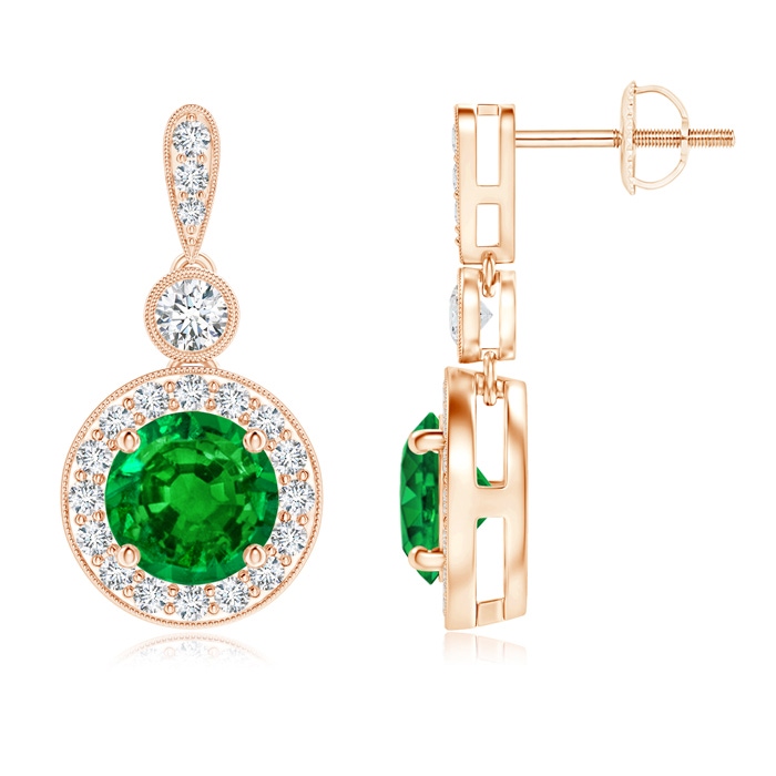6mm AAAA Milgrain-Edged Emerald and Diamond Halo Dangle Earrings in Rose Gold 