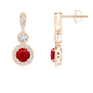 4mm AAA Milgrain-Edged Ruby and Diamond Halo Dangle Earrings in Rose Gold