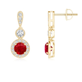 4mm AAA Milgrain-Edged Ruby and Diamond Halo Dangle Earrings in Yellow Gold