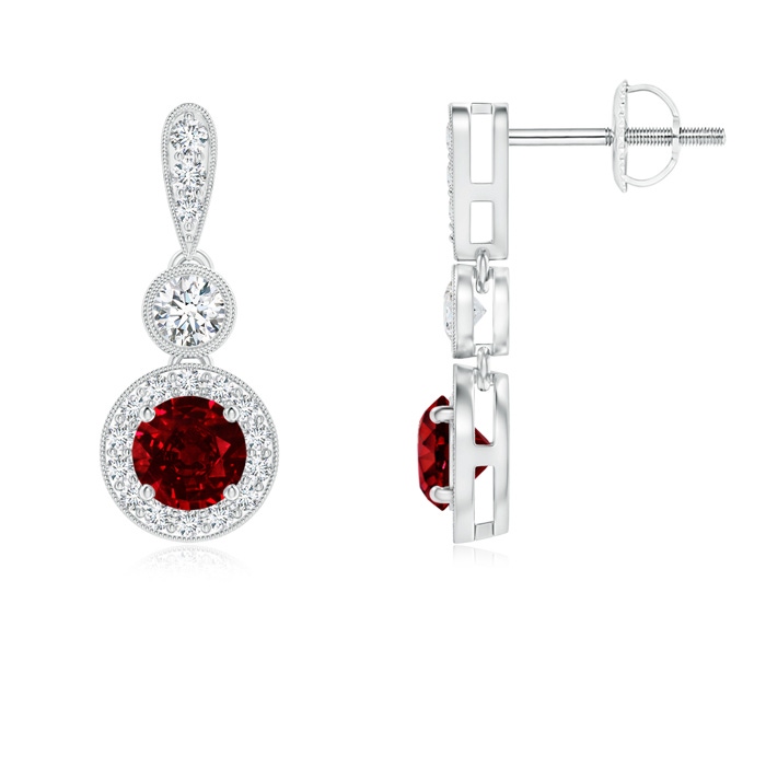 4mm AAAA Milgrain-Edged Ruby and Diamond Halo Dangle Earrings in P950 Platinum