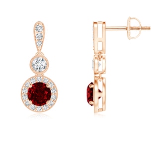 4mm AAAA Milgrain-Edged Ruby and Diamond Halo Dangle Earrings in Rose Gold