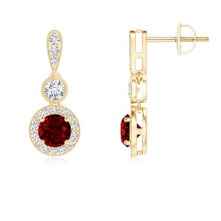 4mm AAAA Milgrain-Edged Ruby and Diamond Halo Dangle Earrings in Yellow Gold