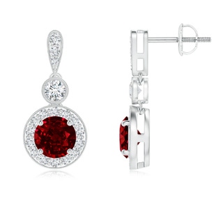 5mm Lab-Grown Milgrain-Edged Ruby and Diamond Halo Dangle Earrings in White Gold