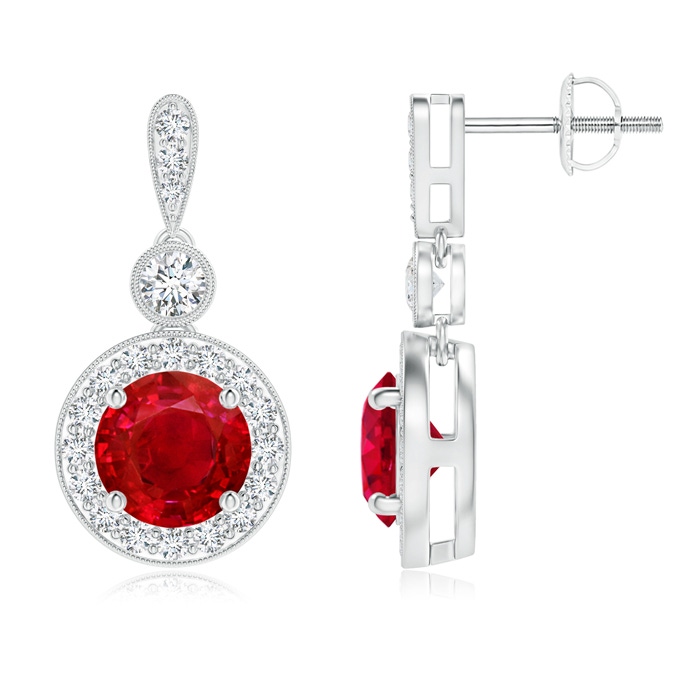 6mm AAA Milgrain-Edged Ruby and Diamond Halo Dangle Earrings in White Gold 