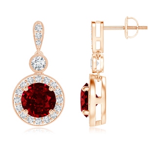 6mm AAAA Milgrain-Edged Ruby and Diamond Halo Dangle Earrings in Rose Gold