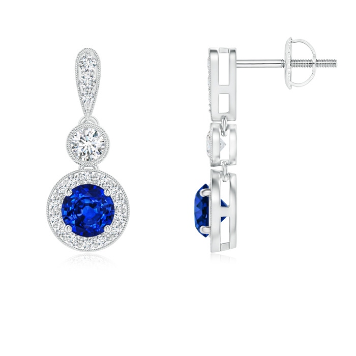 4mm AAAA Milgrain-Edged Sapphire and Diamond Halo Dangle Earrings in P950 Platinum