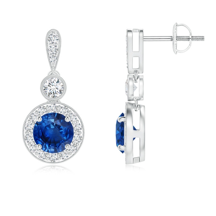 5mm AAA Milgrain-Edged Sapphire and Diamond Halo Dangle Earrings in White Gold 