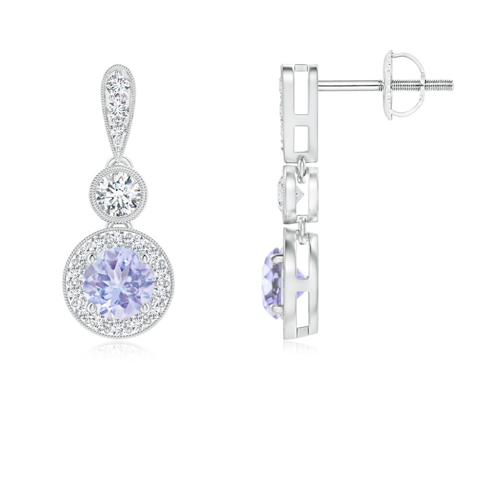 4mm A Milgrain-Edged Tanzanite and Diamond Halo Dangle Earrings in White Gold 