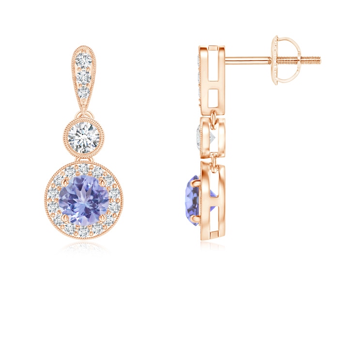 4mm AA Milgrain-Edged Tanzanite and Diamond Halo Dangle Earrings in Rose Gold 