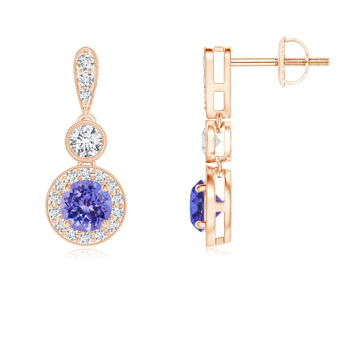 4mm AAA Milgrain-Edged Tanzanite and Diamond Halo Dangle Earrings in Rose Gold 