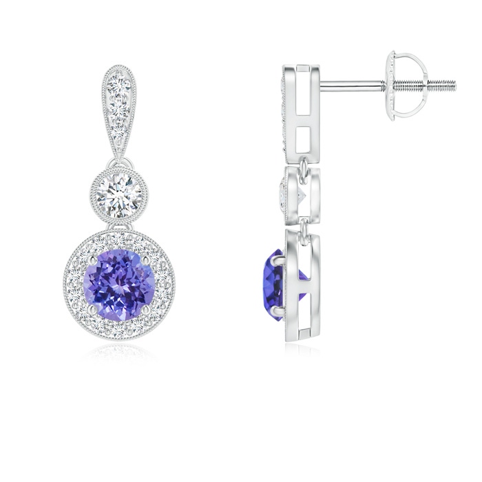 4mm AAA Milgrain-Edged Tanzanite and Diamond Halo Dangle Earrings in White Gold 