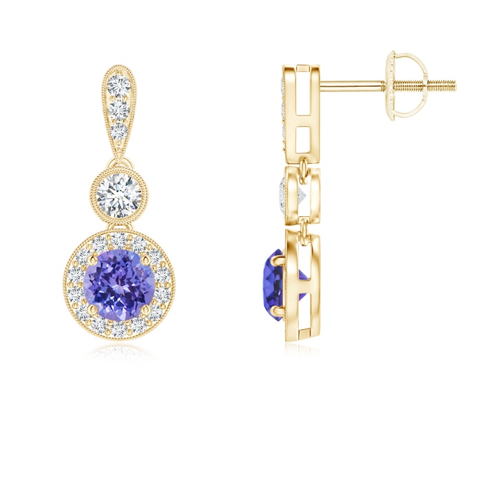 4mm AAA Milgrain-Edged Tanzanite and Diamond Halo Dangle Earrings in Yellow Gold 
