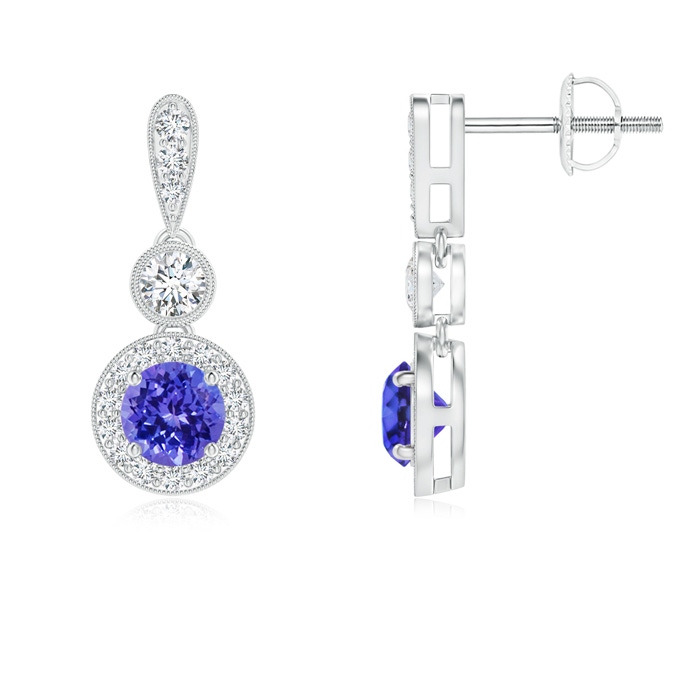 4mm AAAA Milgrain-Edged Tanzanite and Diamond Halo Dangle Earrings in P950 Platinum 