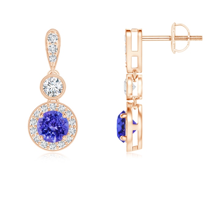 4mm AAAA Milgrain-Edged Tanzanite and Diamond Halo Dangle Earrings in Rose Gold