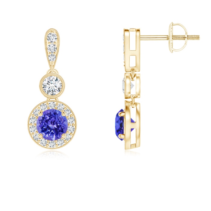 4mm AAAA Milgrain-Edged Tanzanite and Diamond Halo Dangle Earrings in Yellow Gold 