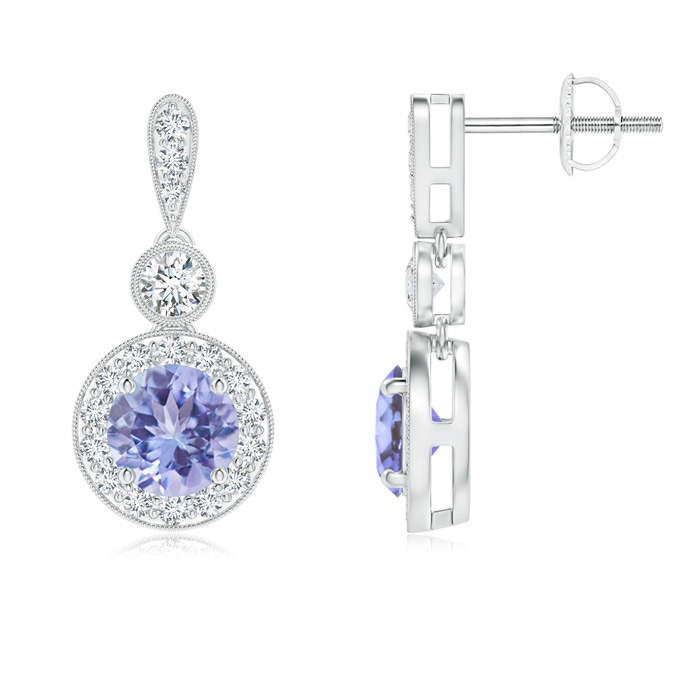5mm AA Milgrain-Edged Tanzanite and Diamond Halo Dangle Earrings in White Gold 