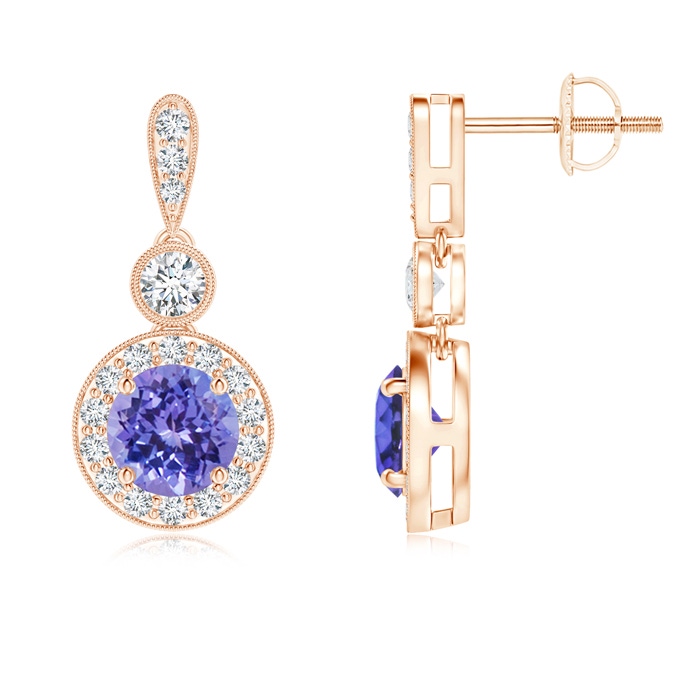 5mm AAA Milgrain-Edged Tanzanite and Diamond Halo Dangle Earrings in Rose Gold 