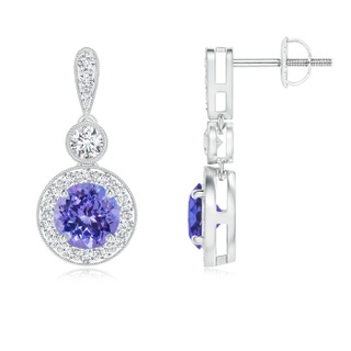 5mm AAA Milgrain-Edged Tanzanite and Diamond Halo Dangle Earrings in White Gold