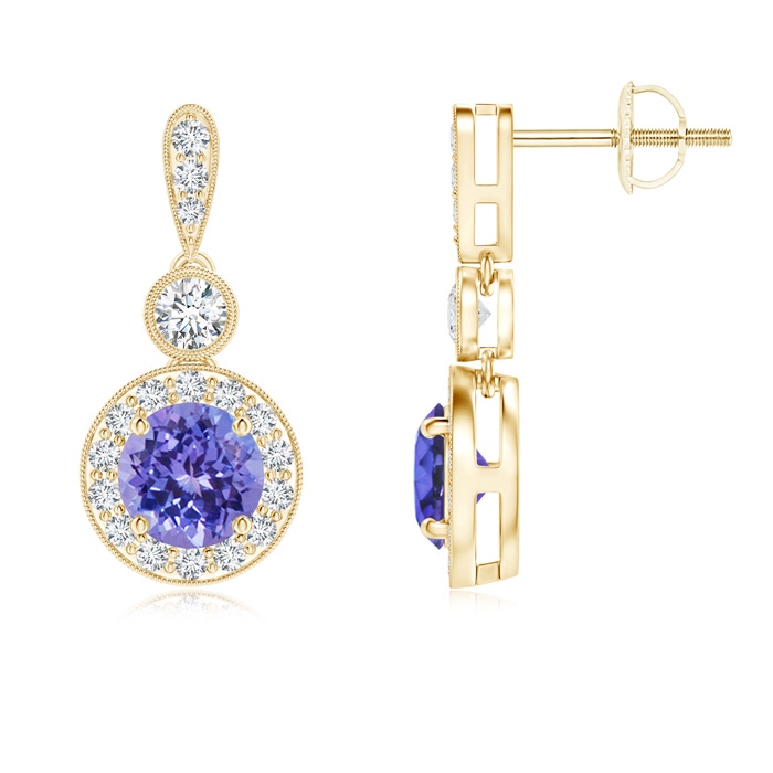 5mm AAA Milgrain-Edged Tanzanite and Diamond Halo Dangle Earrings in Yellow Gold