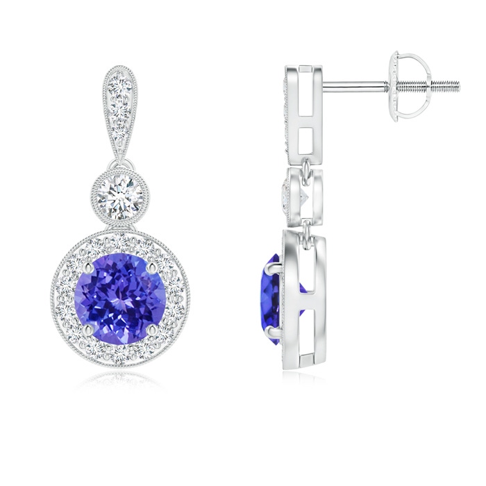 5mm AAAA Milgrain-Edged Tanzanite and Diamond Halo Dangle Earrings in P950 Platinum 