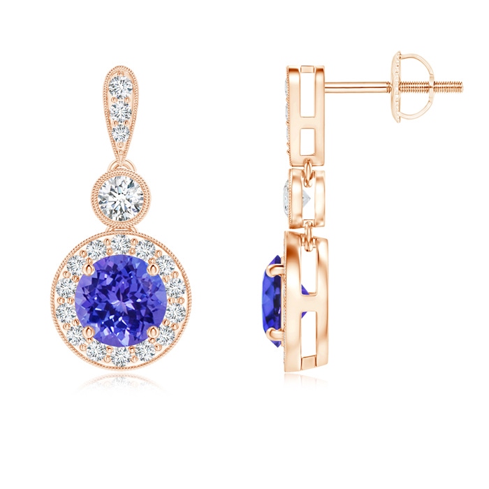 5mm AAAA Milgrain-Edged Tanzanite and Diamond Halo Dangle Earrings in Rose Gold 