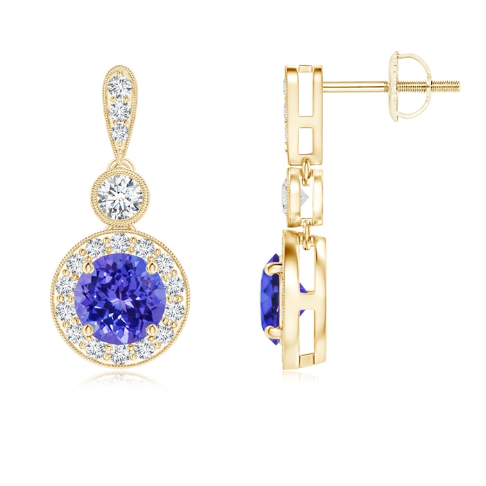 5mm AAAA Milgrain-Edged Tanzanite and Diamond Halo Dangle Earrings in Yellow Gold 