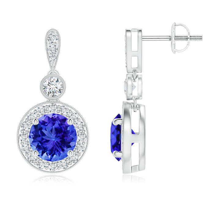 6mm AAA Milgrain-Edged Tanzanite and Diamond Halo Dangle Earrings in White Gold 
